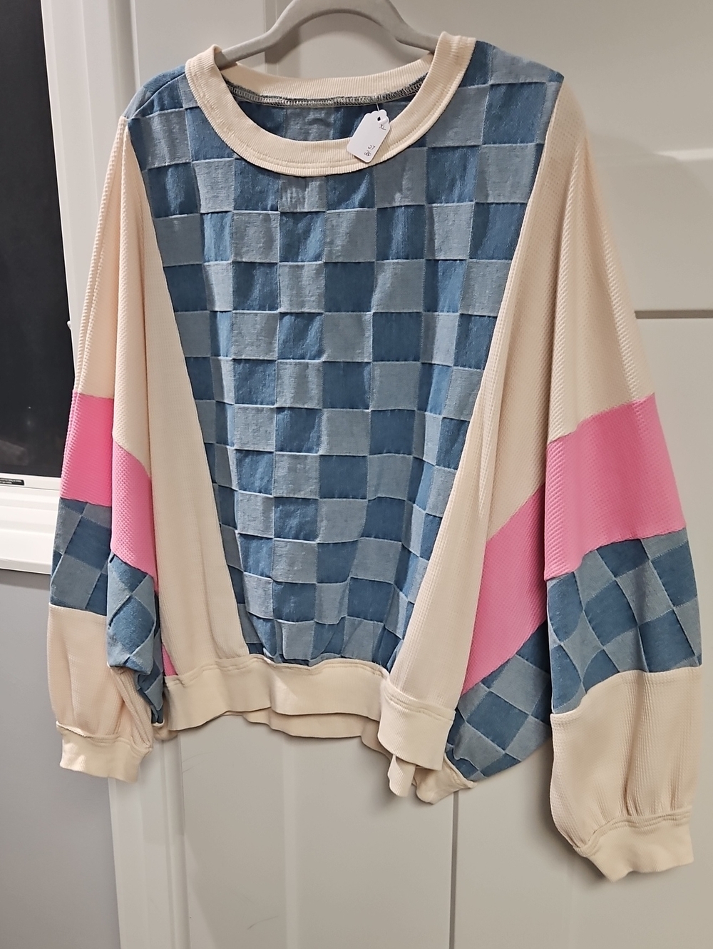 POL Unmarked Cream Sweater with Blue Checker Front and Pink Sleeve Bands